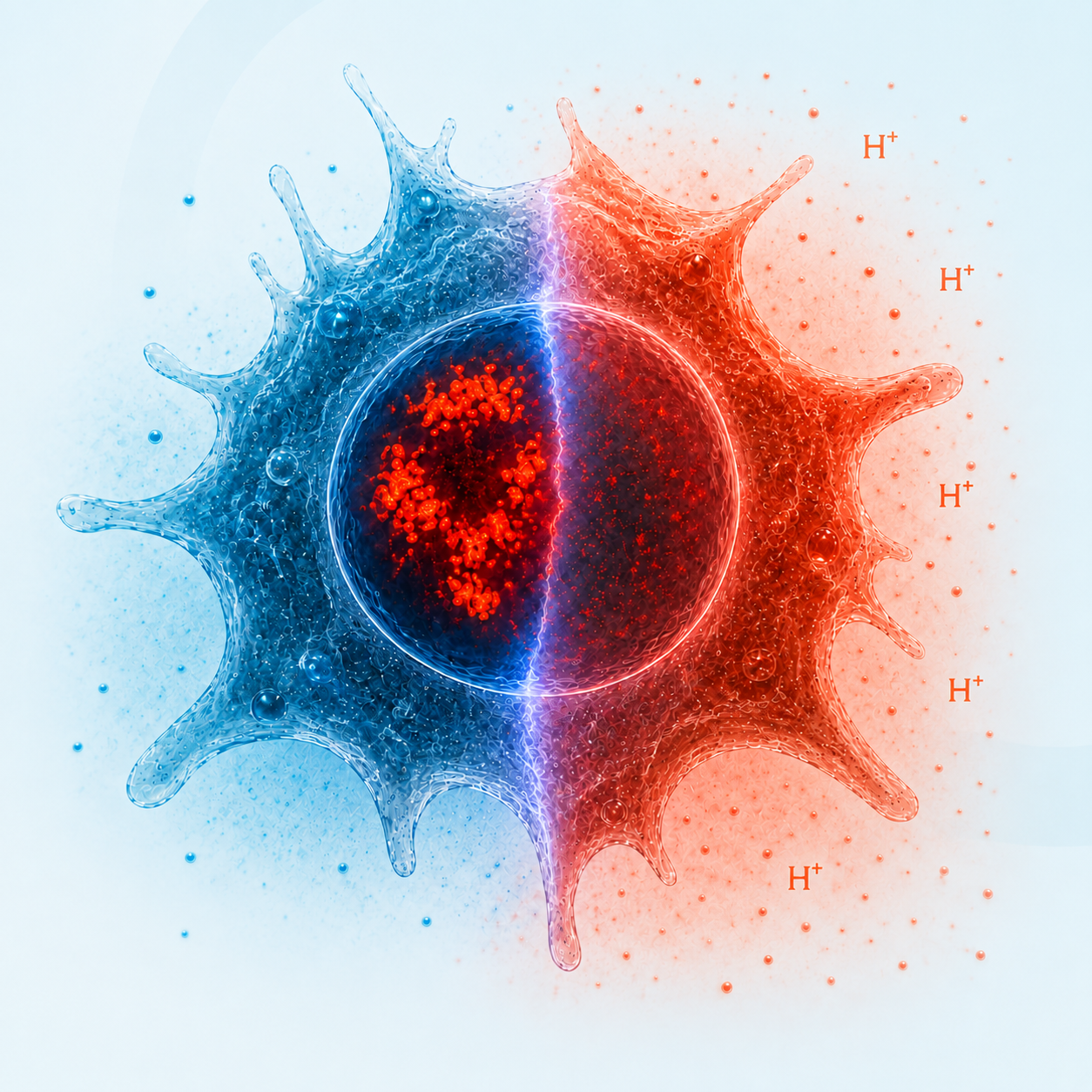 A macrophage comparing normal and acidic pH through changes in nuclear protein condensates